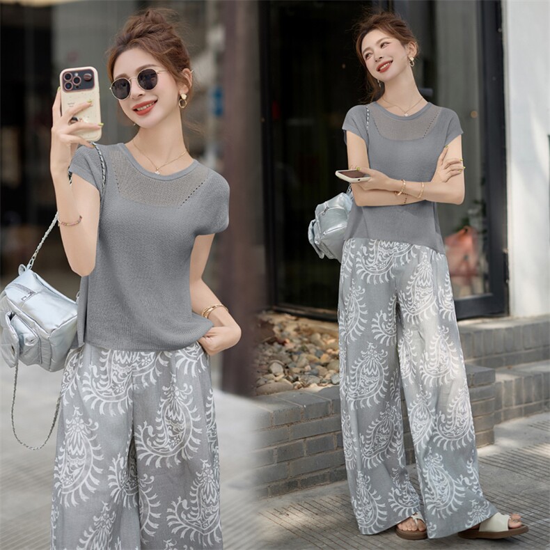 村口伊依冰丝针织短袖T恤上衣碎花休闲裤阔腿裤两件套女装2025夏，女装套装/套裙，意芙
