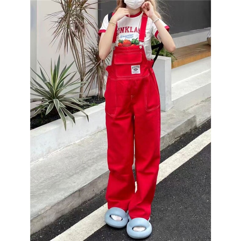 美式复古辣妹红色牛仔背带裤女夏季新款直筒阔腿吊带长裤子ins潮图片