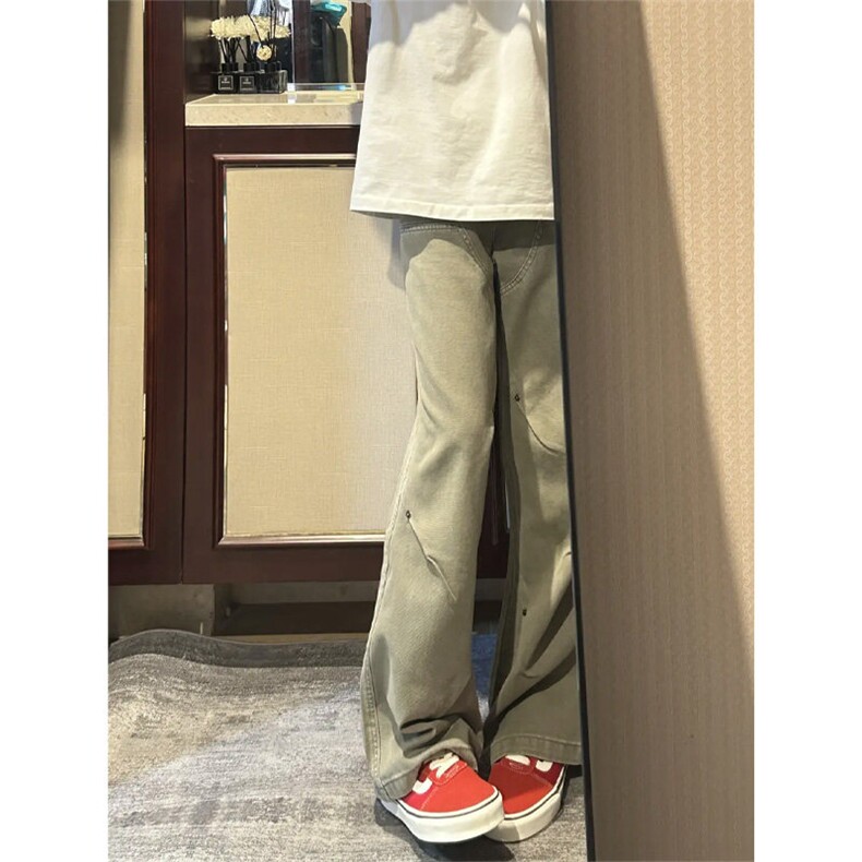 NK90LL-特P55 vibe风复古做旧铆钉牛仔裤男女褶皱伐木裤工装裤子图片