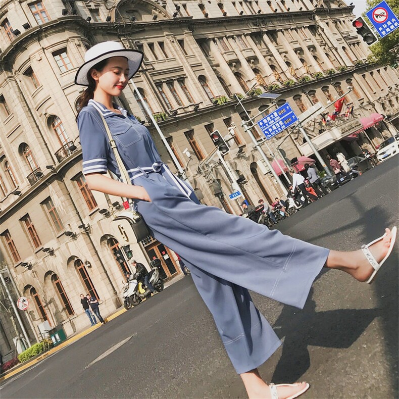 蓝色工装连体裤女2024年夏季新款韩版高腰显瘦阔腿裤连衣裤子,女装连体裤,依依服饰