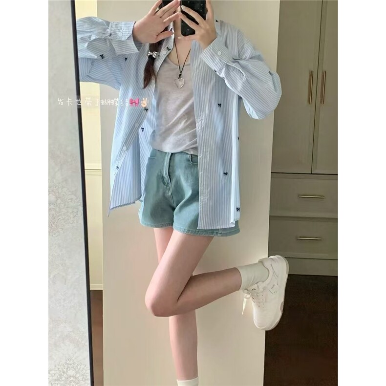 蓝白条纹蝴蝶结刺绣长袖衬衫女早秋中长款独特超好看防晒衬衣上衣,男装防晒衣,星座1210-1