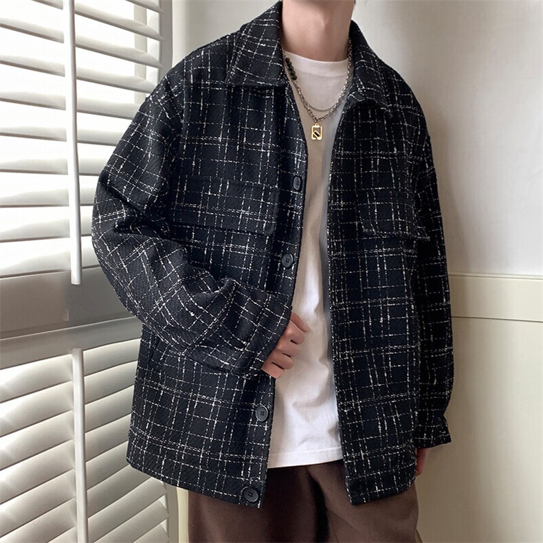 GENIOLAMODE小香风夹克男秋季高级感粗毛呢外套宽松格子衬衫新款,男装夹克,电商A351