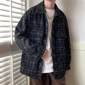 GENIOLAMODE小香风夹克男秋季高级感粗毛呢外套宽松格子衬衫新款图片