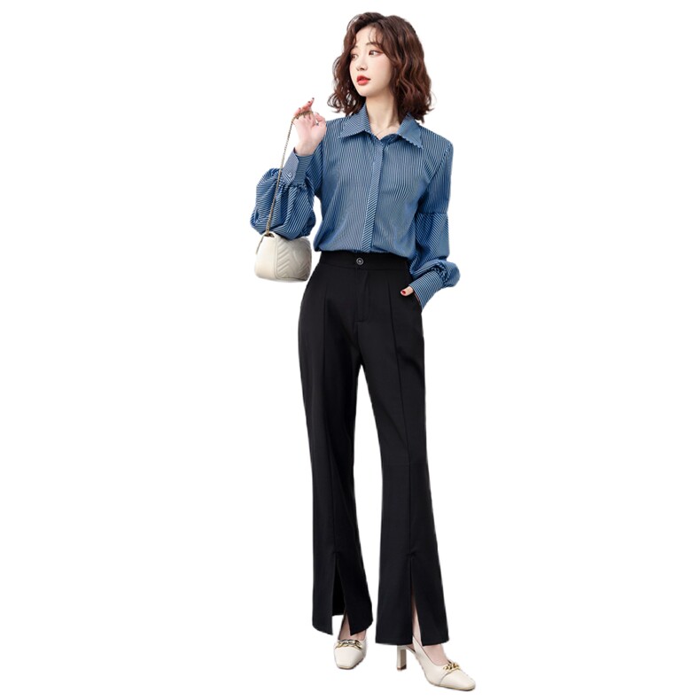 现货-衬衫女小众设计感2023秋季新款气质别致泡泡袖条纹上衣女,女装套装/套裙,霓裳依族