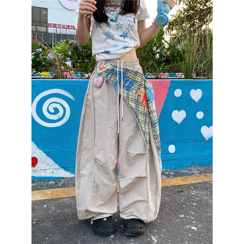 ABone 美式复古辣妹宽松高腰屁帘拼接工装裤女2025夏季新款伞兵裤图片