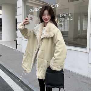 韩系羊羔毛外套女秋冬皮毛一体毛领保暖加厚立领派克服毛绒外套图片