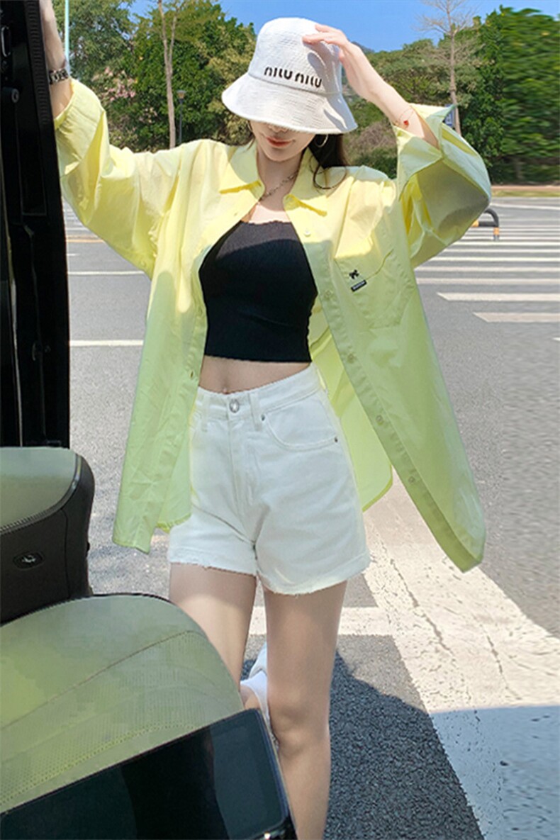 春季新款时尚休闲简约女装宽松显瘦纯色百搭单排扣翻领中长款衬衣,女装衬衫,江南