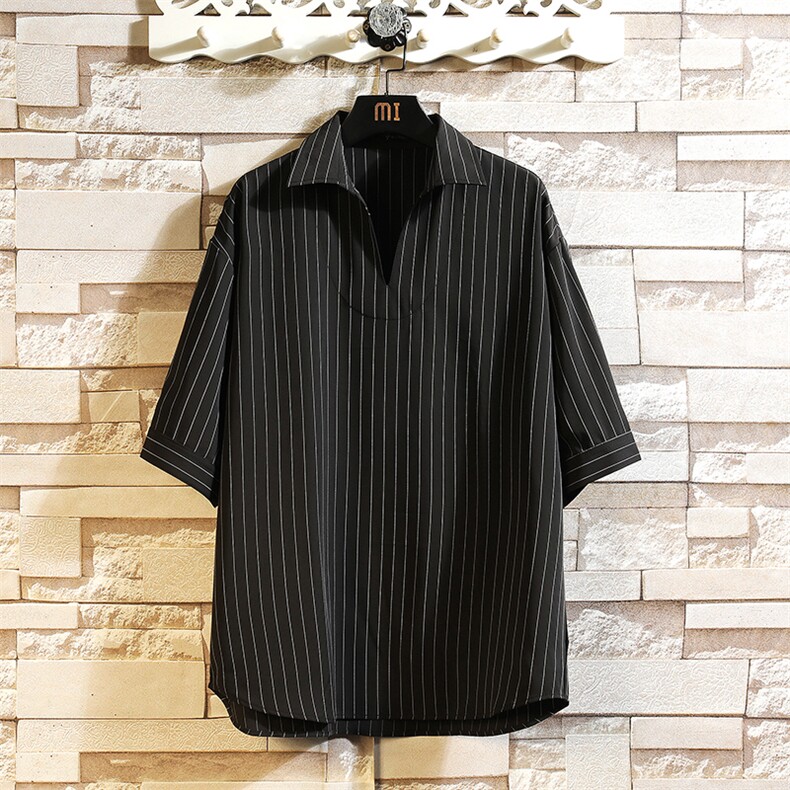 条纹衬衣半袖男士休闲度假痞帅冰丝衬衫翻领上衣加肥加大码，男装衬衫，星座1306
