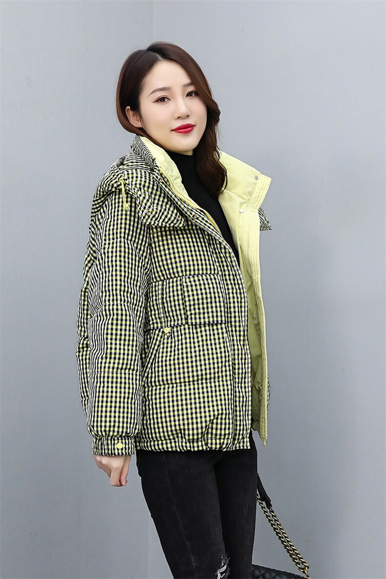时尚格子羽绒服女短款加厚保暖外套冬季新款韩版宽松显瘦上衣,女装羽绒服,天丽