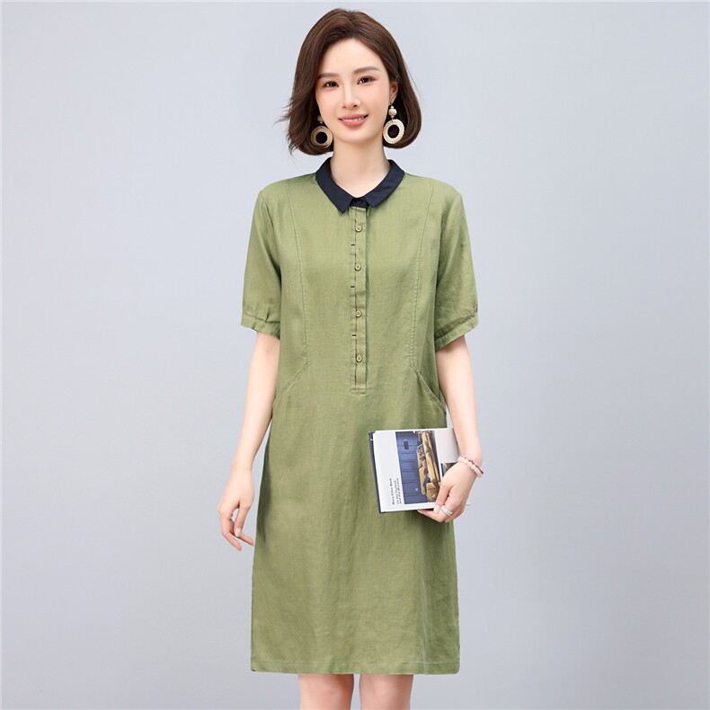 2025年夏季优雅气质天丝亚麻小翻领半开时尚休闲连衣裙,女装连衣裙,依恋蒂丝