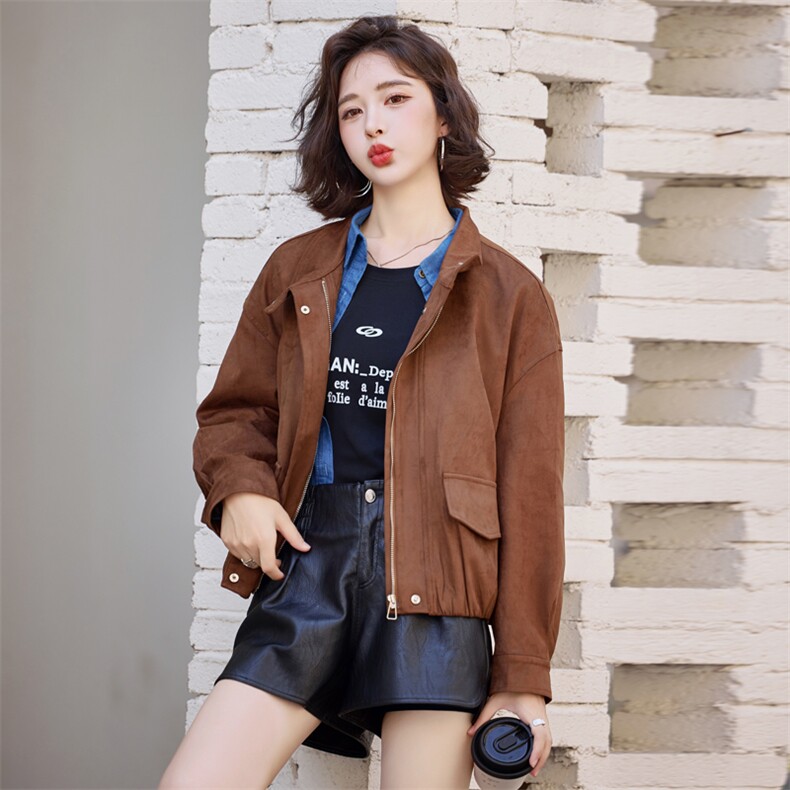 咖色鹿皮绒短外套女2025秋季新款韩版时尚机车服休闲工装夹克上衣,女装短外套,意芙