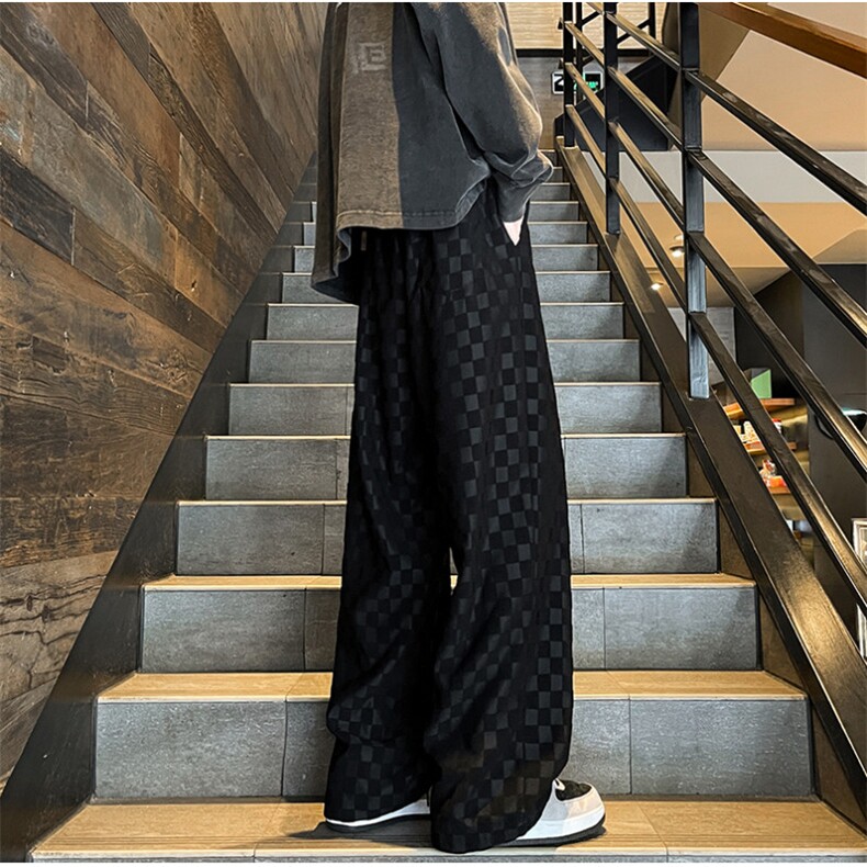 8XL-M特大码港风重磅棋盘格卫裤男士休闲运动裤直筒阔腿裤K961P60,男装休闲裤,电商D206-1