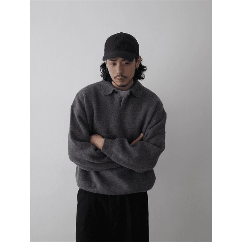 重磅冬北极绒老钱风亨利领毛衣美式复古休闲慵懒风纯色翻领针织衫,男装针织衫/毛衣,电商A443