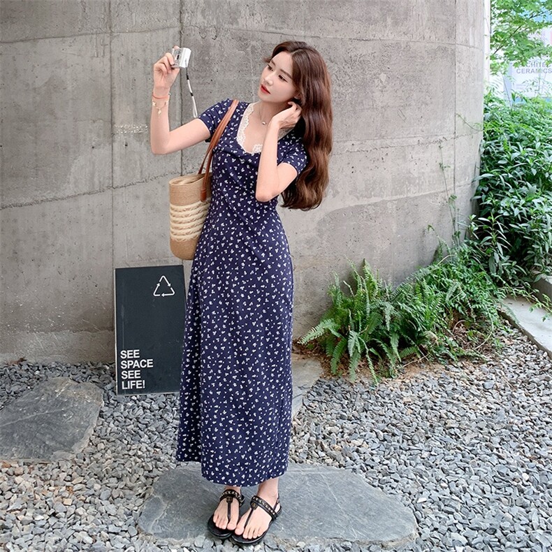 修身包臀裙字藏蓝色v领碎花连衣裙女夏,女装连衣裙,浙宝113