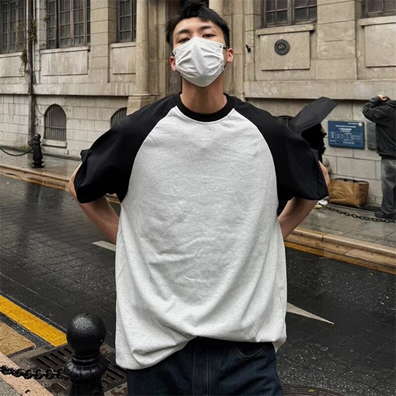 抖音得物高品质二开240克宽松纯棉美式潮牌插肩袖拼接短袖T恤,男装T恤,电商A486