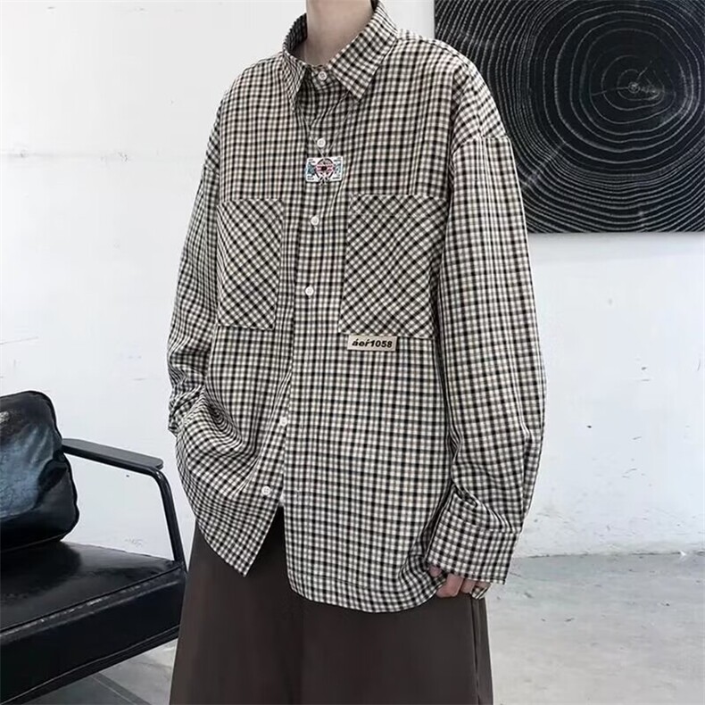日系复古格子长袖衬衫男新款潮牌宽松高级感外套CS733-P40,男装衬衫,星座208-5