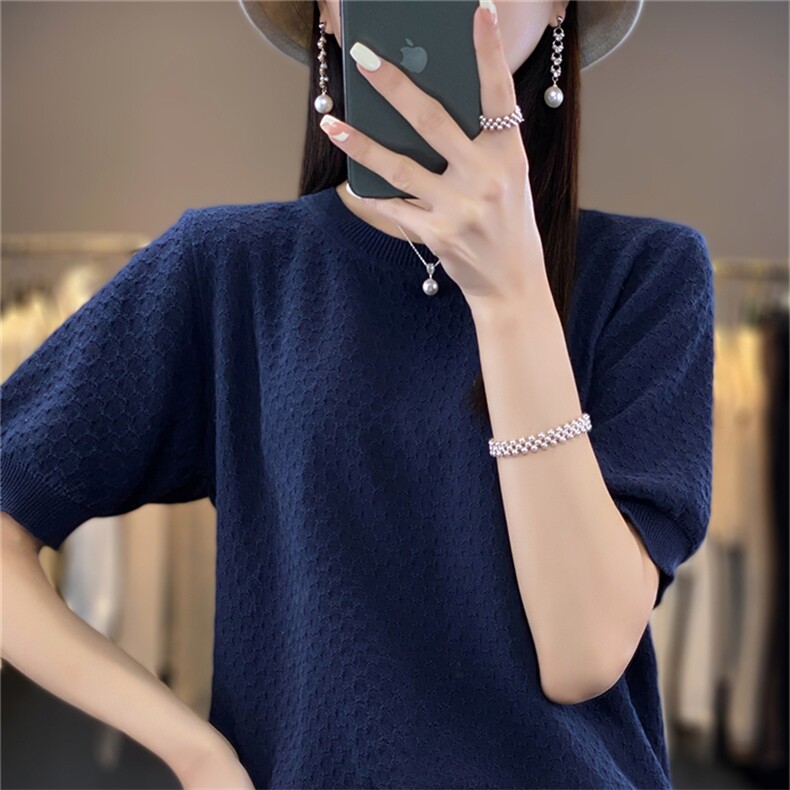 圆领100%纯棉针织短袖T恤女圆领纯色提花半袖上衣宽松棉麻打底衫,针织衫/毛衣,斯美雅电商供货