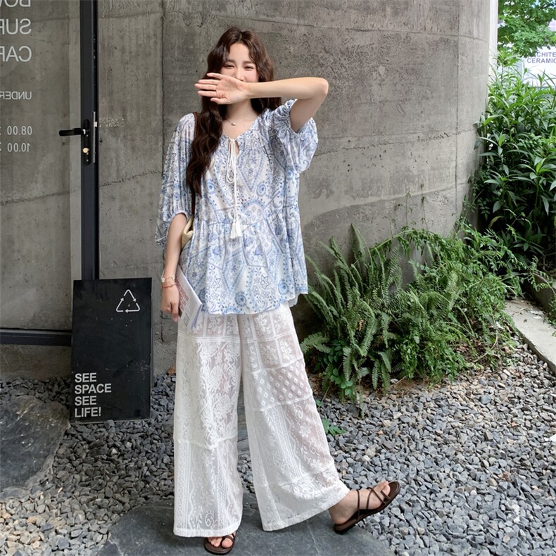 慵懒度假风宽松显瘦印花上衣套装女2025夏季日系氛围感蕾丝休闲裤,女装套装/套裙,2C198