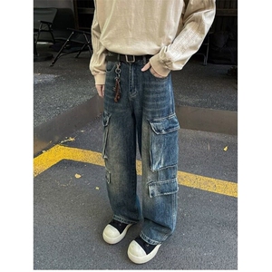 蓝色水洗做旧工装牛仔裤男百搭重工大口袋宽松阔腿长裤NK1127-P58图片