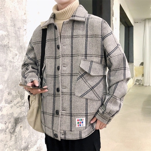 格子呢料夹克秋季大码宽松日系呢大衣男棉衣外套J916