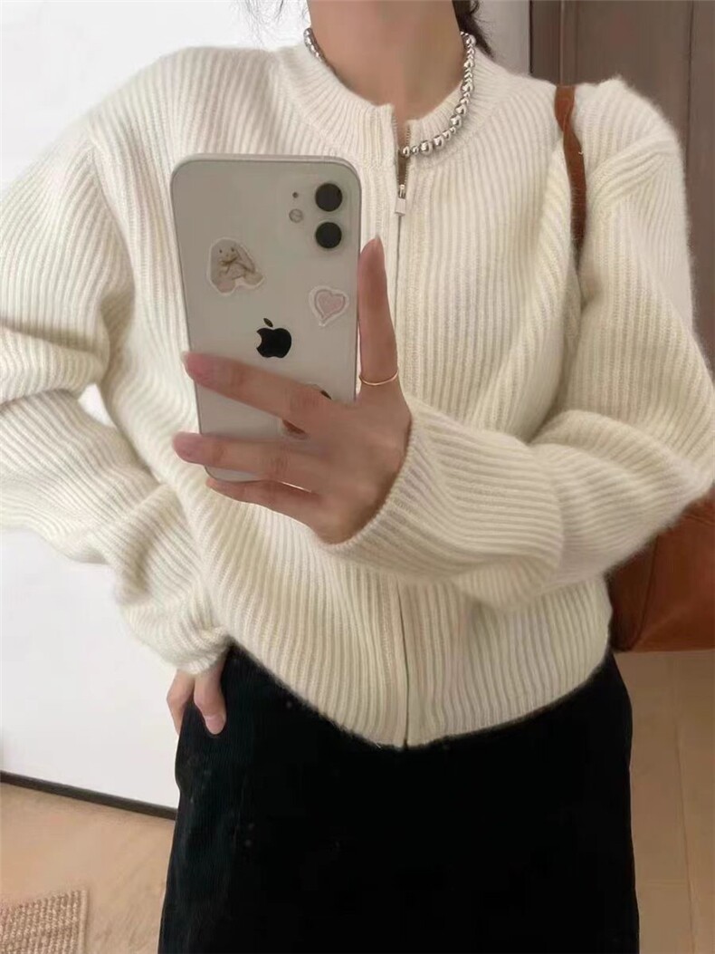 秋季新款舒适显瘦时尚百搭圆领拉链针织开衫,女装羊毛衫,恒恩羊绒