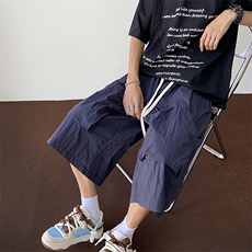 美式复古工装七分裤男款夏季薄款宽松痞帅潮牌多口袋阔腿抽绳短裤，男装休闲裤，星座410-6（原星座1304-1）