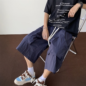 美式复古工装七分裤男款夏季薄款宽松痞帅潮牌多口袋阔腿抽绳短裤图片
