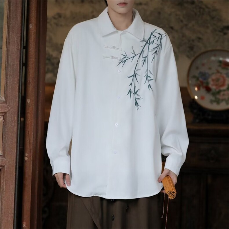 新中式长袖衬衫男款春秋竹子印花唐装汉服宽松休闲外套45339-p45,男装衬衫,星座1008