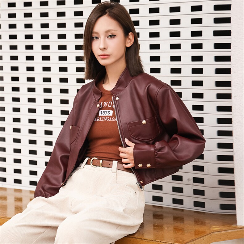 现货仿绵羊皮皮衣女短款时尚外套小立领机车款2024春秋新款潮显高,女装皮衣,潮流依族