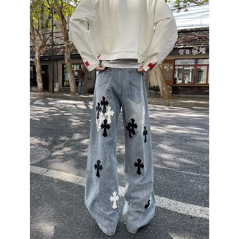 贴皮十字架刺绣拖地阔腿直筒牛仔裤男女长裤子N0388-P60,男装牛仔裤,星座308B-2