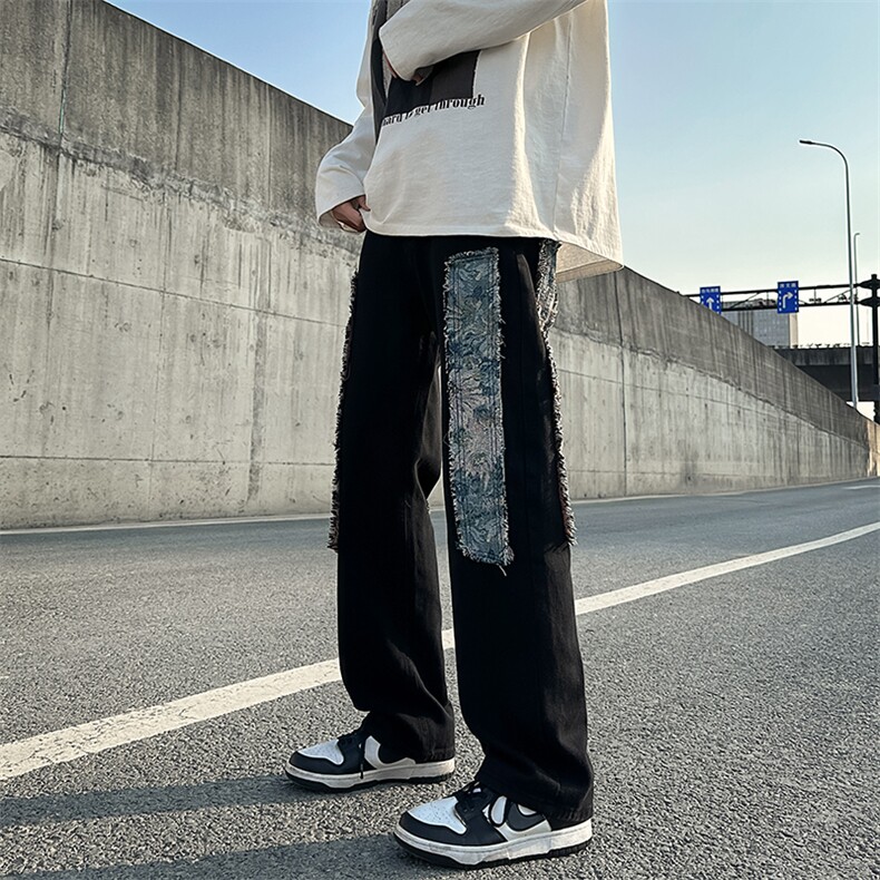 牛仔裤男款美式vibe高街设计感小众毛边贴布休闲长裤N01043-P45,男装牛仔裤,星座308B-1