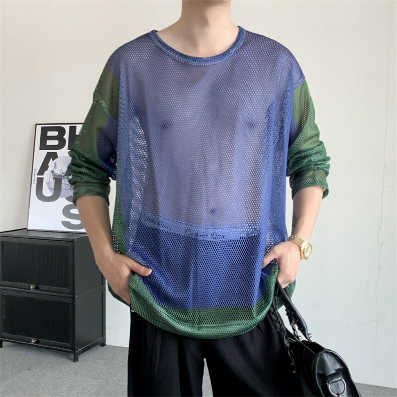 夏装2025性感网络镂空圆领针织衫男女宽松长袖防晒服拼色中性外套,男装防晒衣,星座909