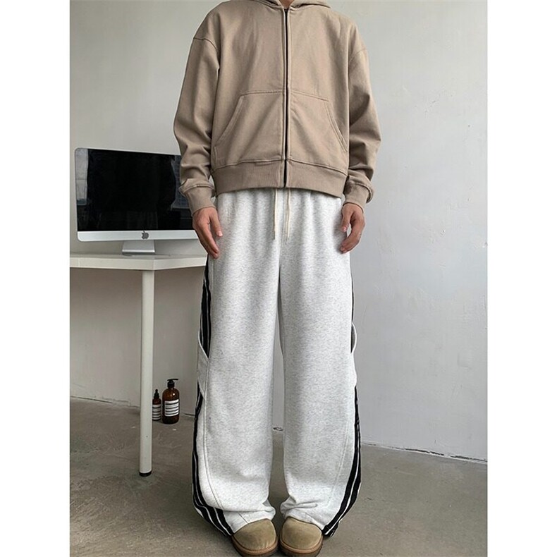 撞色三条杠阔腿运动卫裤男款春秋季潮牌美式复古宽松休闲拖地长裤,男装休闲裤,星座412-3