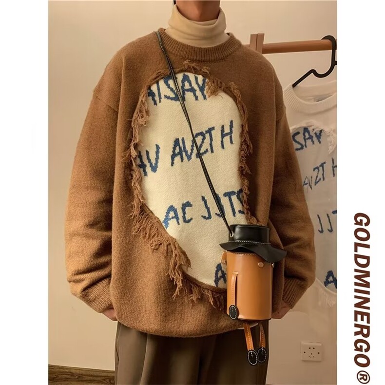 秋冬潮牌美式复古破坏感拼接毛衣设计感针织衫男女外套M9102-p45图片
