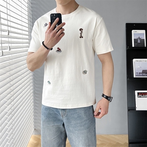 B353 T8202 P40 L-4XL 夏季新款2025潮流韩版休闲男士短袖体恤 黑图片
