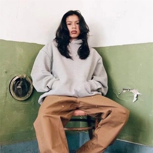 美式复古灰色连帽卫衣男女基础款加绒纯色短款上衣外套潮图片