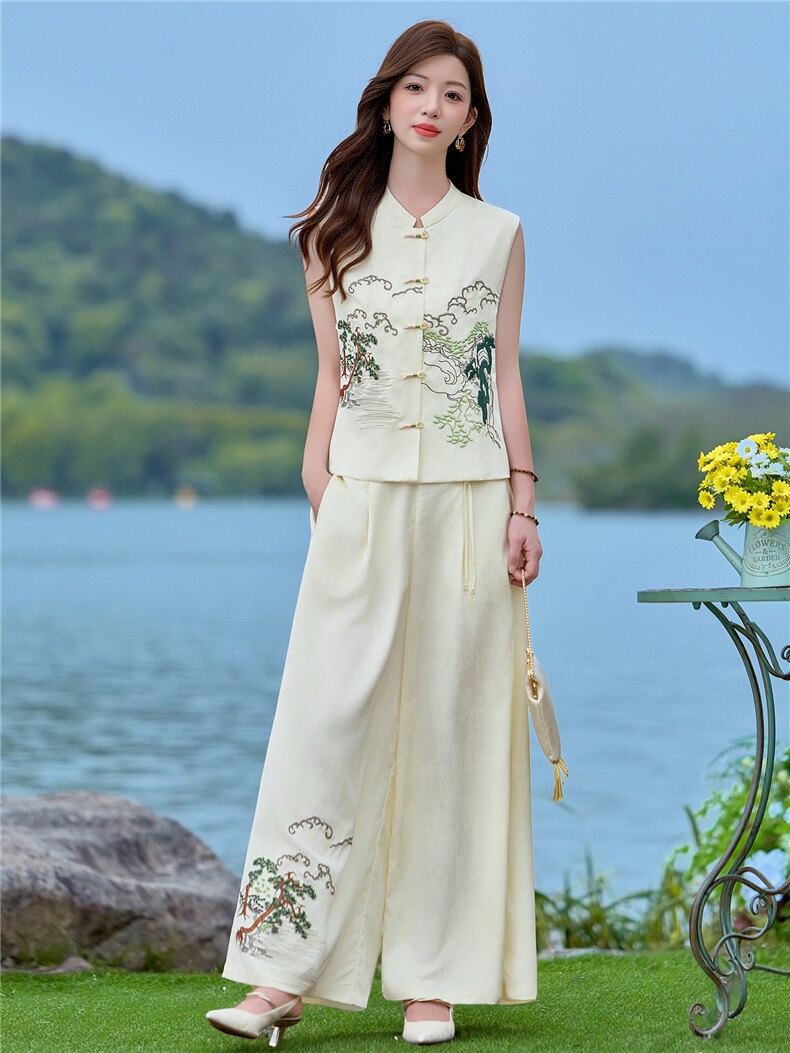 在仓~2026夏季无袖两件套宽松型纽扣时尚阔腿裤刺绣山水马甲薄款,女装套装/套裙,新依时派
