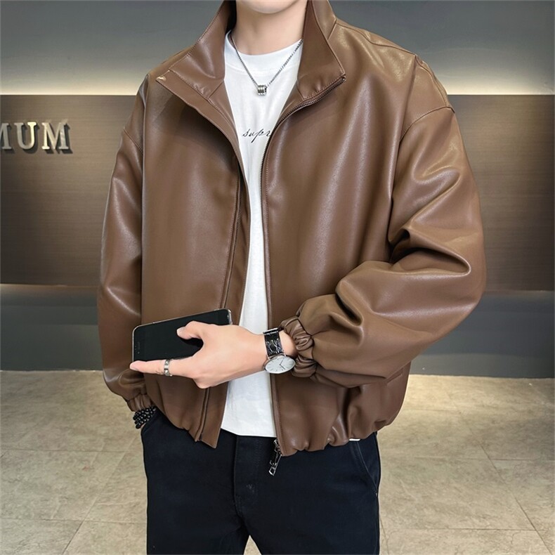 店主风2025秋季新款时尚立领皮衣宽松夹克外套男PY183-P115控155,男装皮衣,电商A413