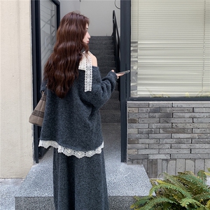 休闲慵懒风穿搭灰色毛呢上衣套装女秋冬超火好看减龄半身裙两件套图片
