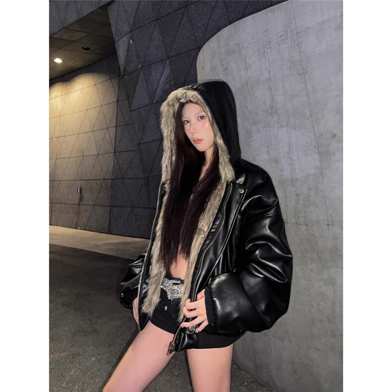 美式复古小众连帽皮草夹克男女bomber短款皮衣外套双面穿加厚棉服,男装夹克,星座715-4