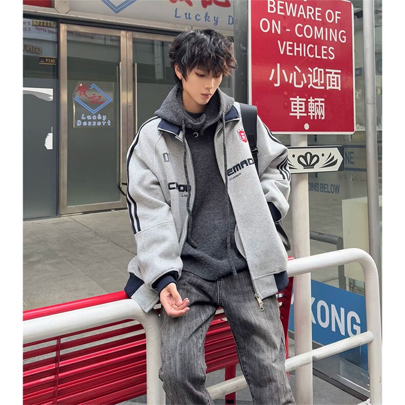抖音得物美式高街重磅结构设计拼接织带立领印花卫衣外套ACM4201,女装短外套,电商A443