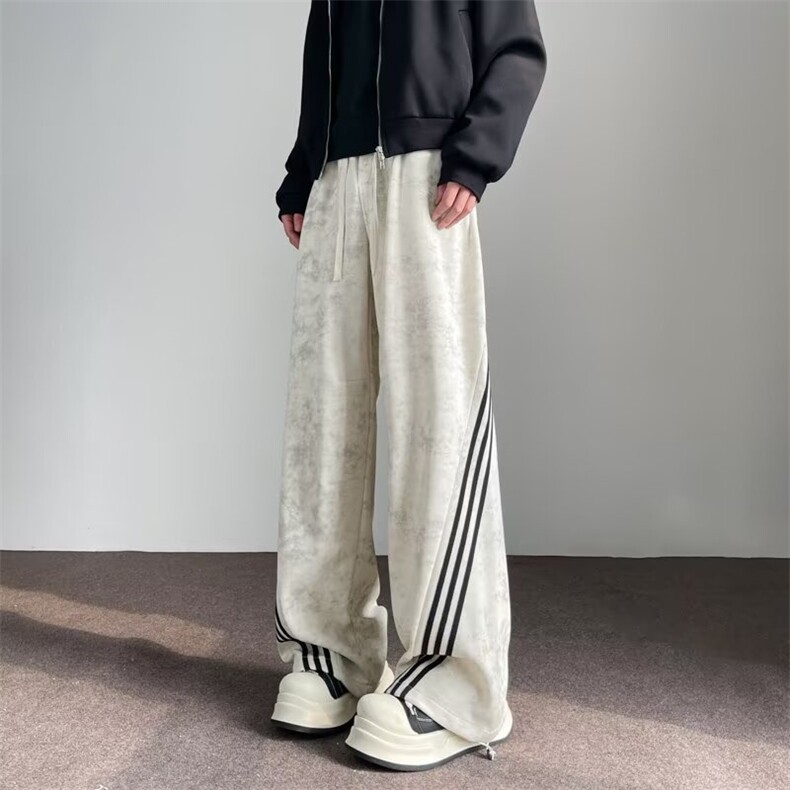美式刺绣拼接杠条阔腿裤男女同款秋慵懒系带高腰休闲工装长裤图片