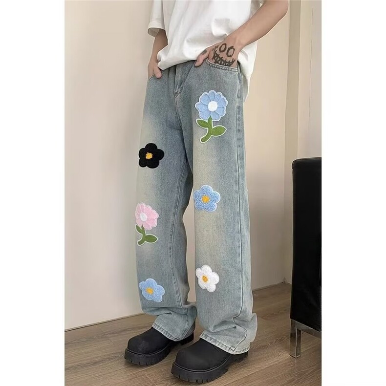1506-1/K东方服饰7611/P55花朵牛仔裤男款设计感潮牌阔腿裤子高腰，男装牛仔裤，星座1506-1