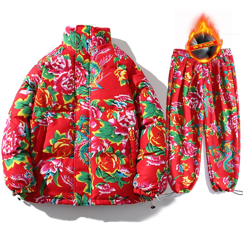 H203情侣东北大花风民族风特色牡丹大花棉袄加绒裤套装男女，男装民族服装，星座115A-1