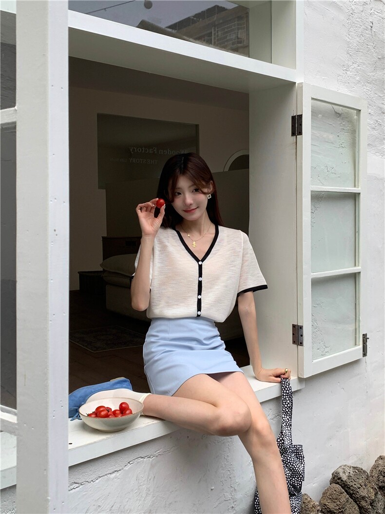 夏季新款简约V领短袖针织衫女宽松休闲百搭上衣,针织衫/毛衣,伟祺羊绒