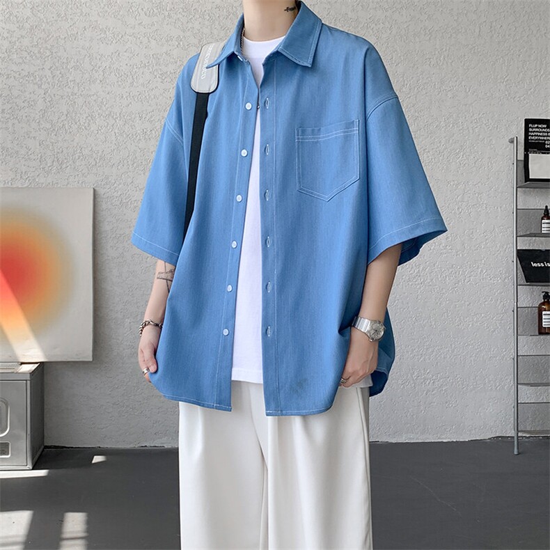8XL-M 冰丝牛仔短袖衬衫男款夏季薄款宽松慵懒衬衣外套DC28006P60图片