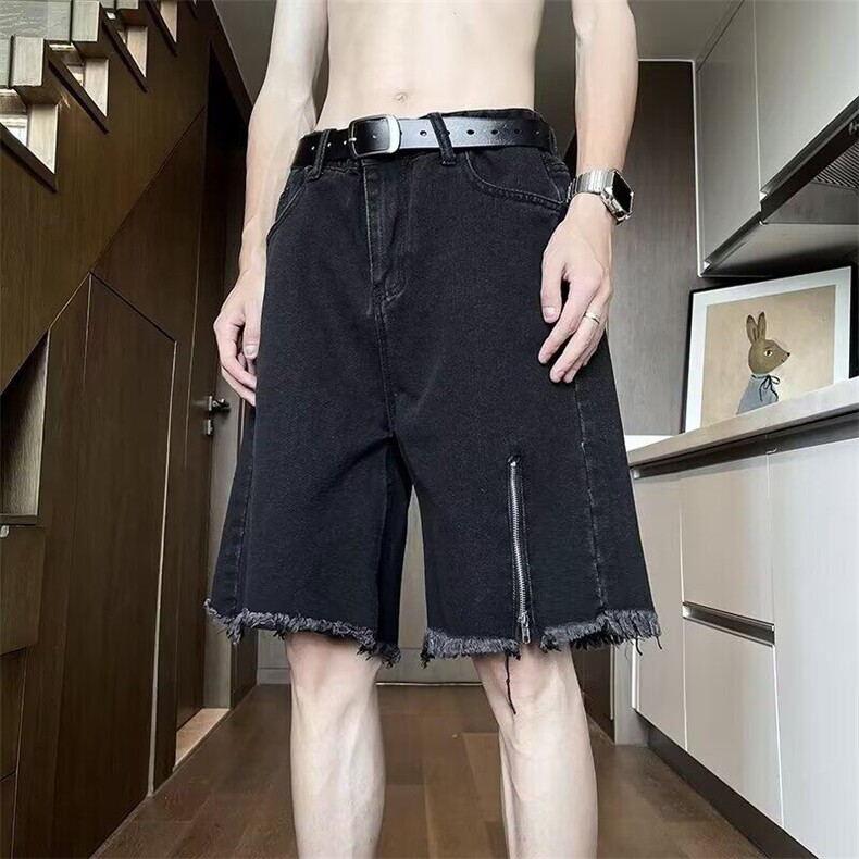 新款ins美式复古牛仔短裤男士阔腿五分原宿慵懒潮流时尚,男装牛仔裤,星座506