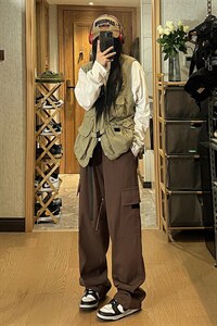 2026秋季新款美式vibe贴袋工装休闲裤女模 XZ604-KG40-P65控78图片