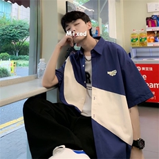日系ins复古休闲短袖衬衫男夏季新款潮牌宽松工装衬衫W3391-P30，男装衬衫，星座512-2