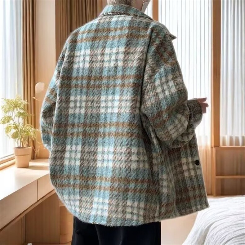 磨毛格子衬衫女长袖春装大码宽松复古叠穿上衣中长款格纹衬衣外套,男装衬衫,星座506A